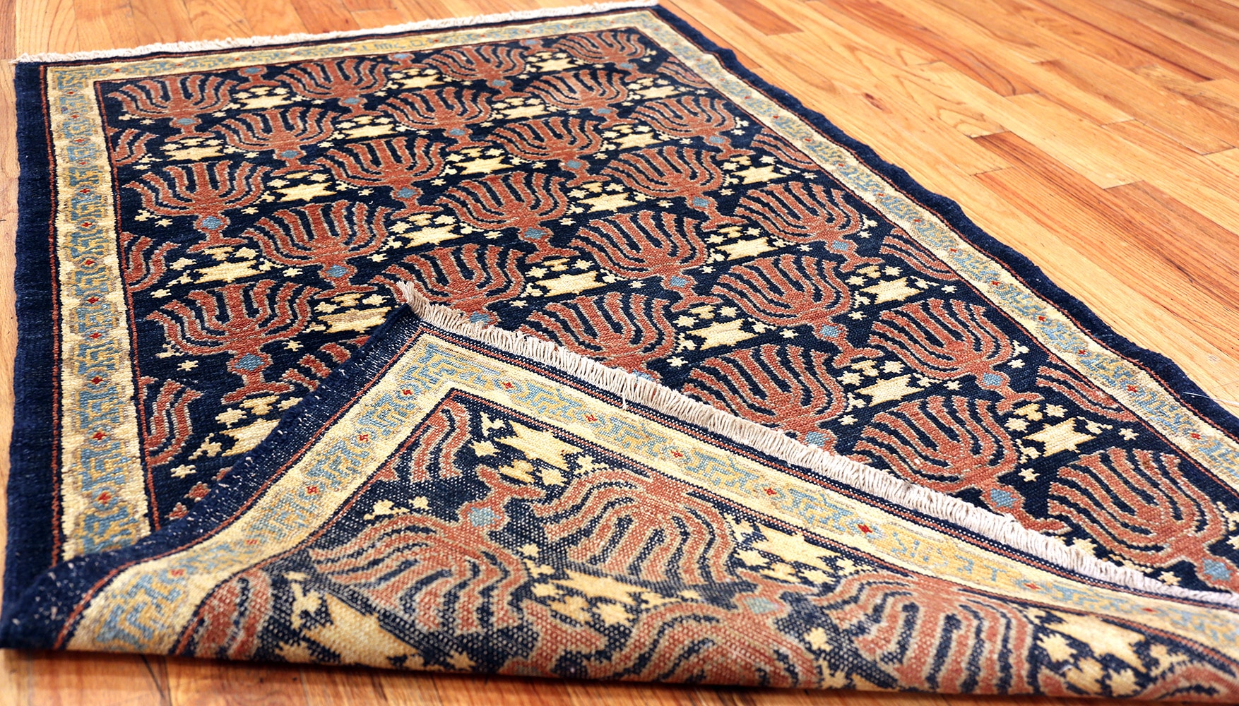 Small Blue Antique Israeli Bezalel Menorah Rug 49976 Nazmiyal