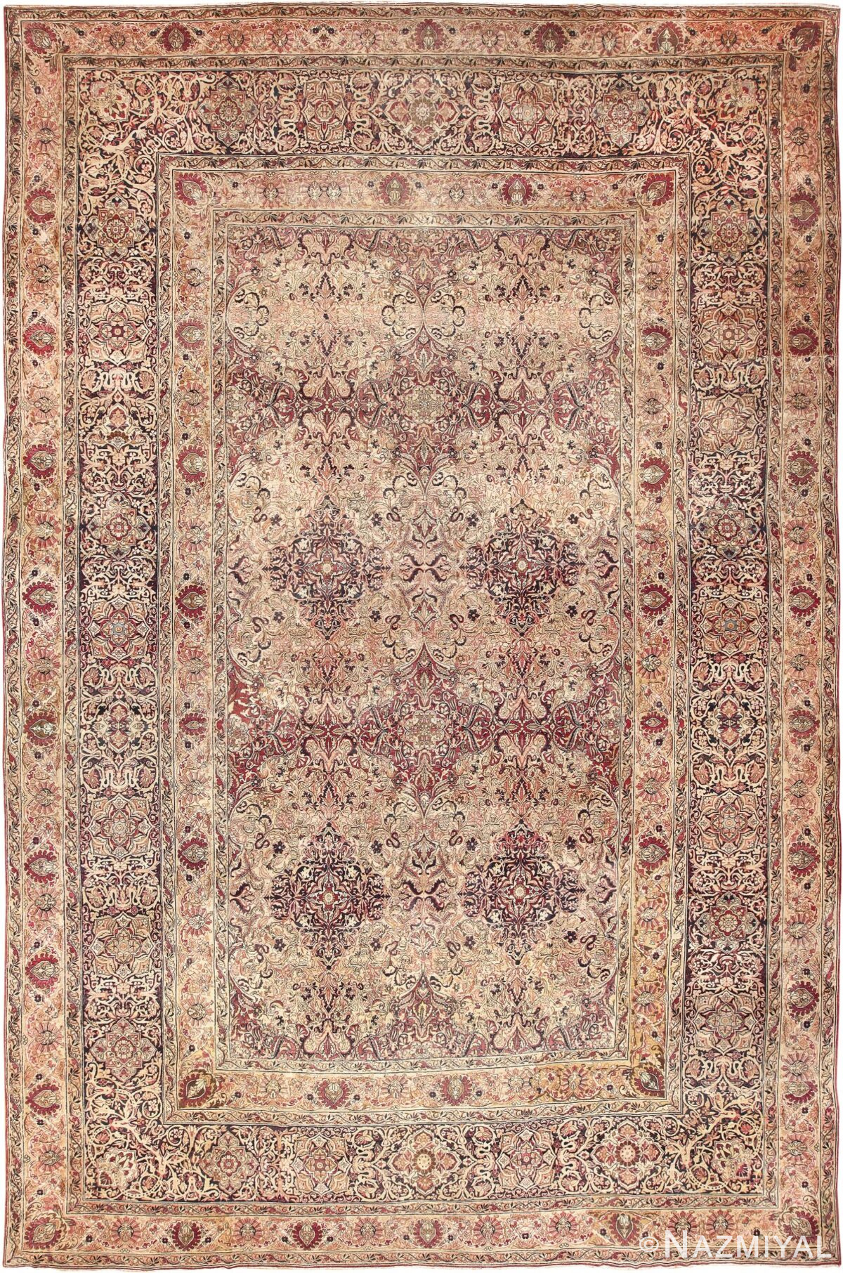 Cream Mauve Large Floral Antique Persian Kerman Rug #49953 - Nazmiyal