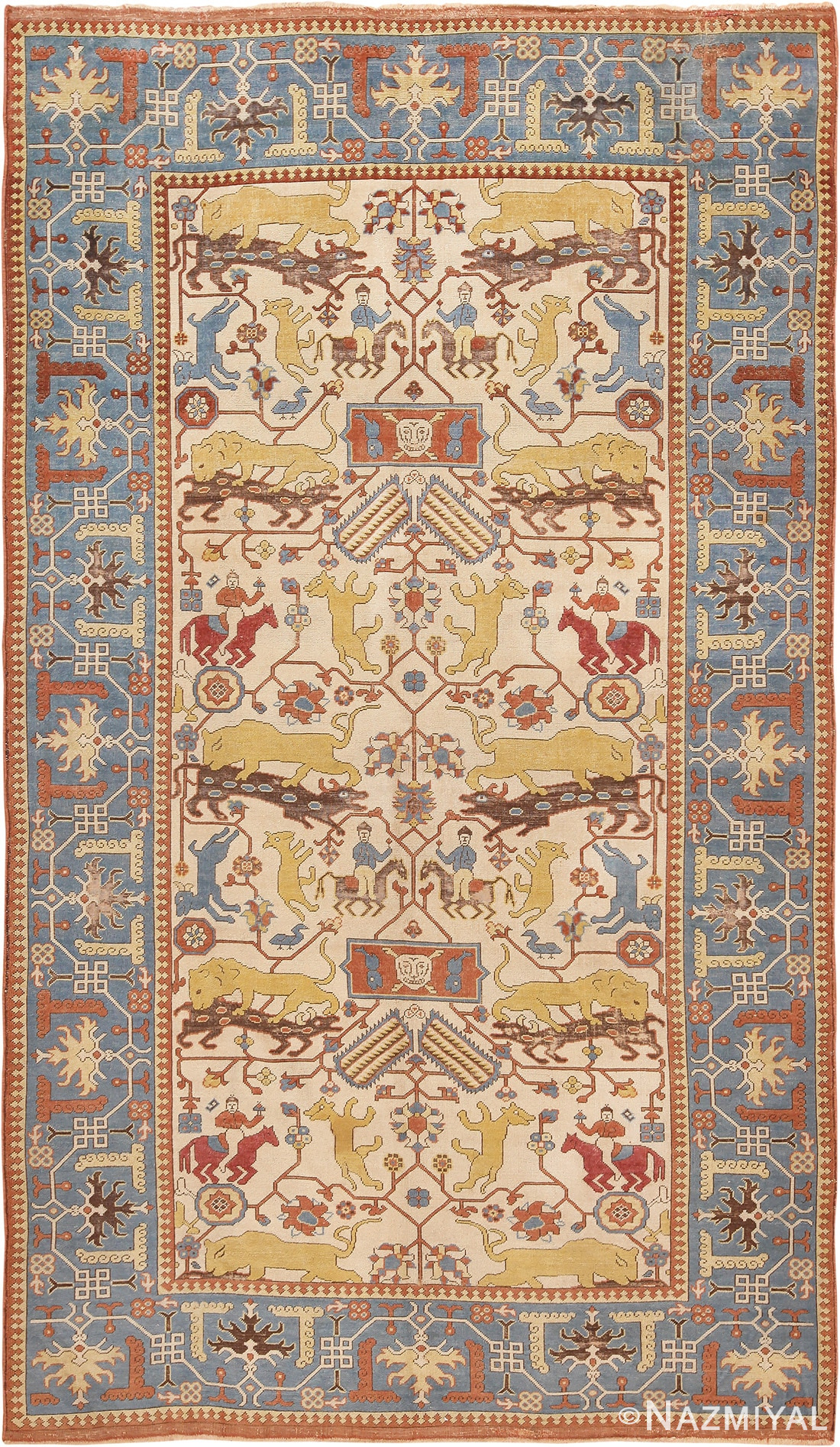 Tribal Ivory Antique Turkish Tuduc Hunting Rug #49957 - Nazmiyal