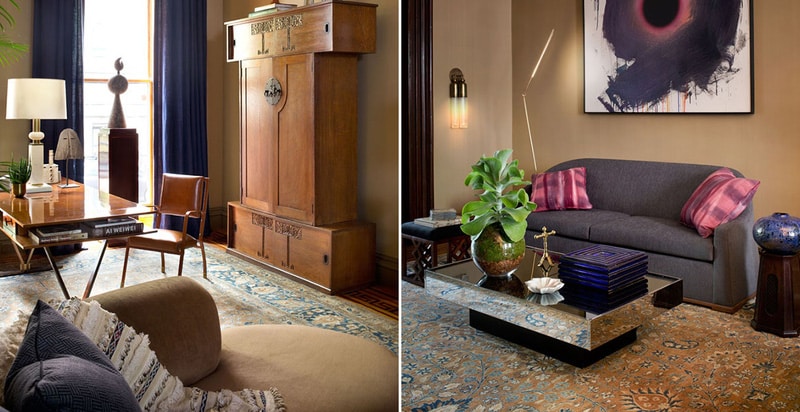 Antique Oriental Persian Khorassan Rug With Grey Sofa - Interior Design By Glenn Gissler Persian Khorassan Rug With Grey Sofa - Interior Design By Glenn Gissler - Nazmiyal
