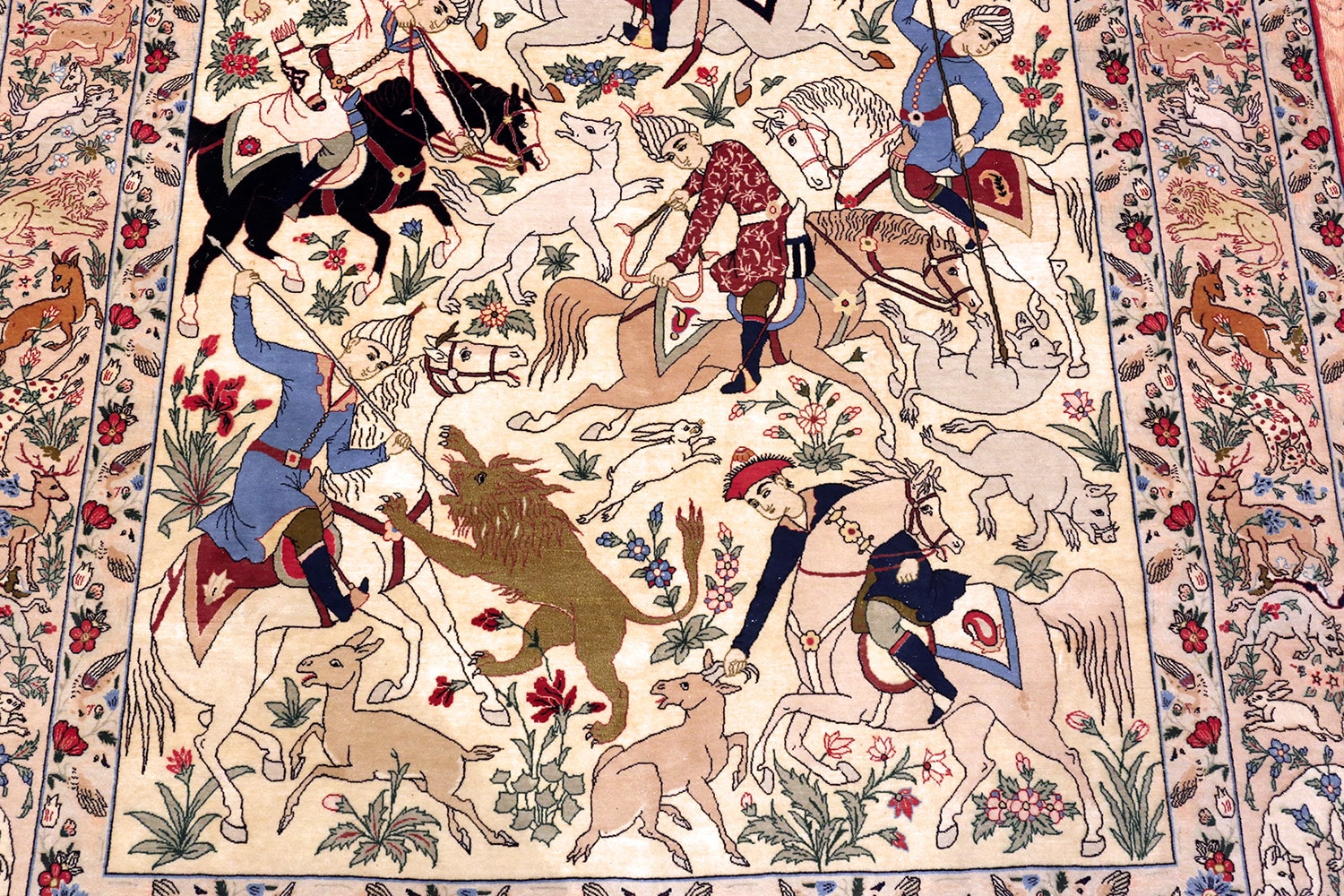 Fine Signed Vintage Persian Esfahan Rug With Hunting Scene 70017 by Nazmiyal