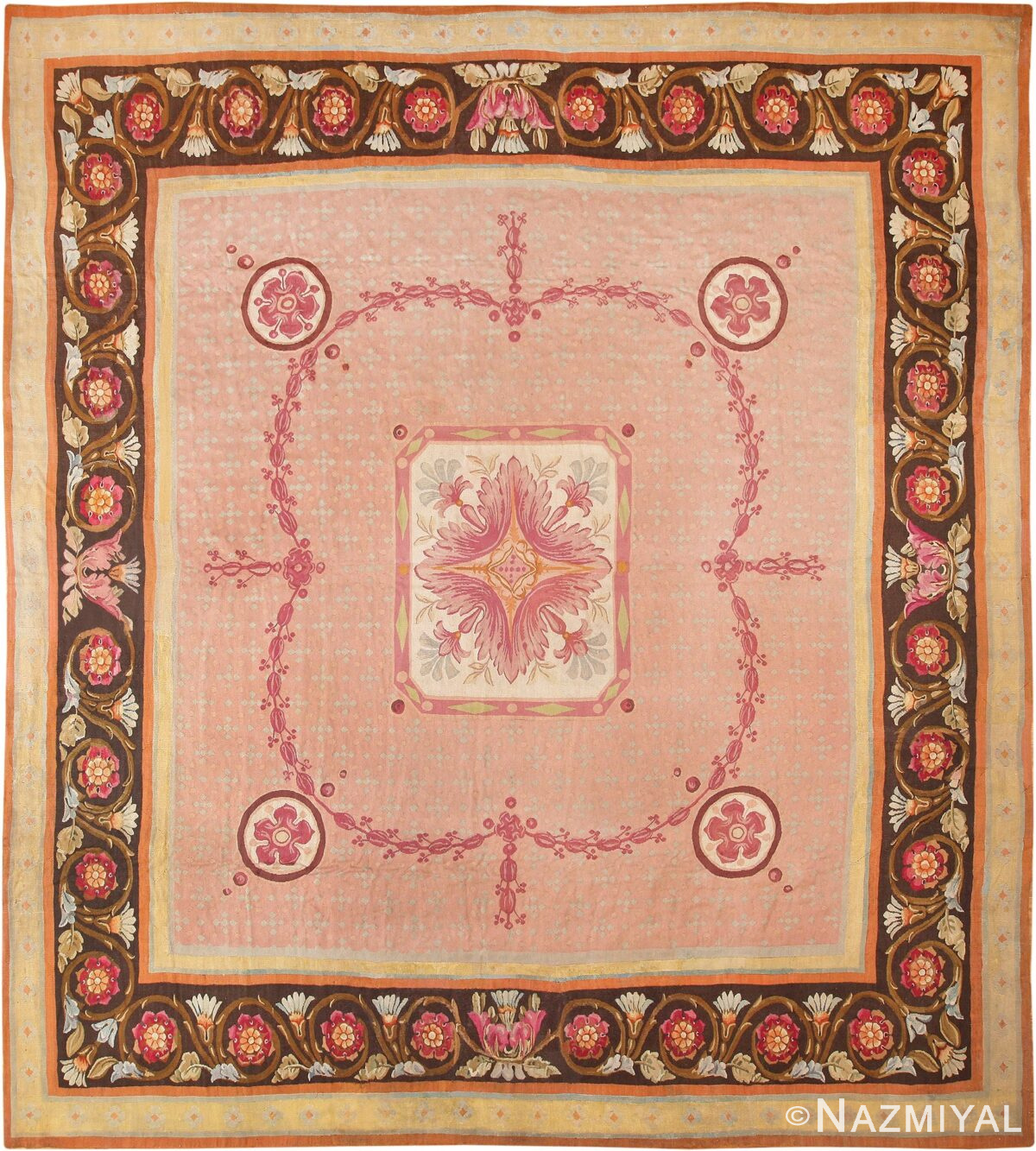 Picture of the Floral Square Antique French Aubusson Carpet #70011 from Nazmiyal Antique Rugs in NYC