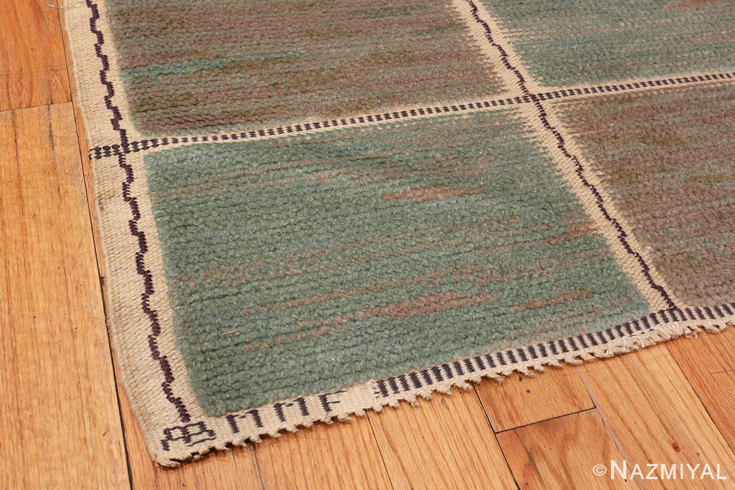 Image of Corner of Vintage Pile Scandinavian Marta Maas Gyllenrutan Gron Rug #70051 from the collection of Nazmiyal Antique Rugs NYC.