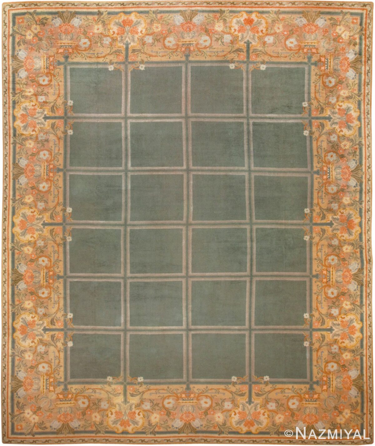 Picture of a Breathtaking Floral and Grid Design Large Size Green Background Color Antique Spanish Savonnerie Carpet #49845 from Nazmiyal Antique Rugs in NYC
