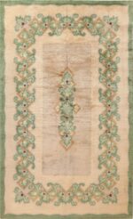 Full view Antique Green French Art Deco rug 70152 designed by Leleu from the Nazmiyal collection in NYC.