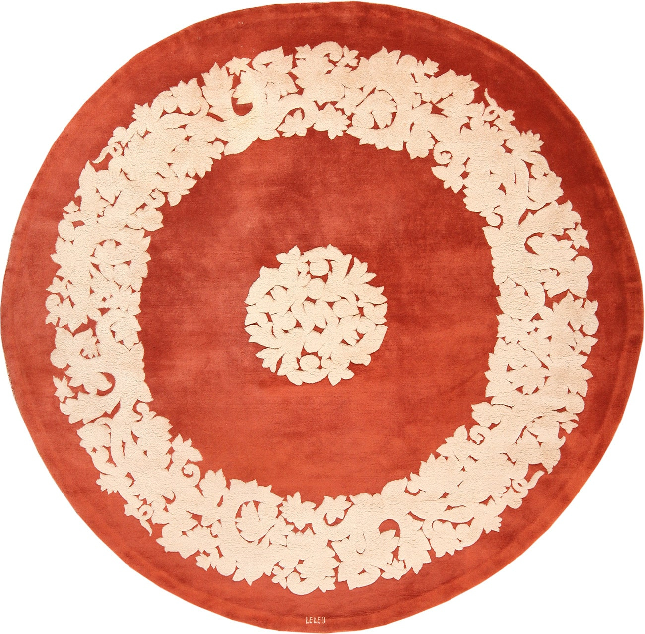 Full view Antique round French Art Deco rug 70144 designed by Leleu from the Nazmiyal collection in NYC