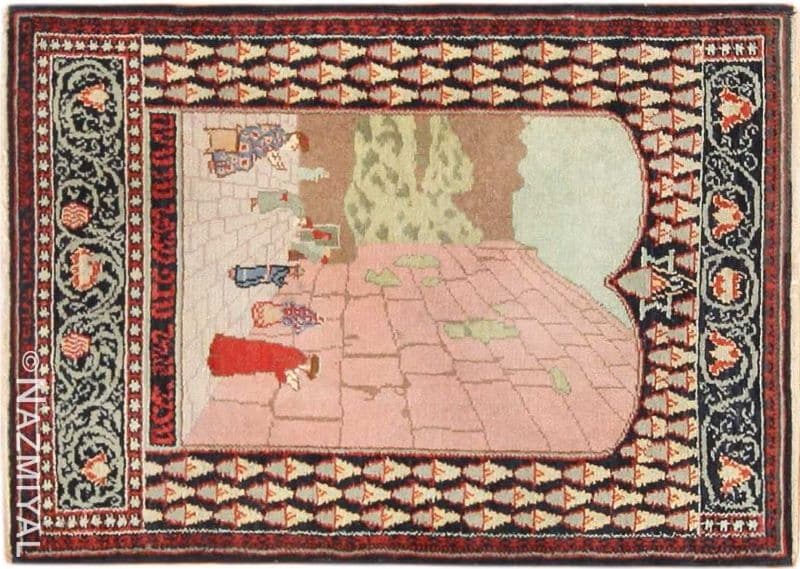Small Pictorial Antique Israeli Marbediah Rug Small Pictorial Antique Israeli Marbediah Rug Nazmiyal