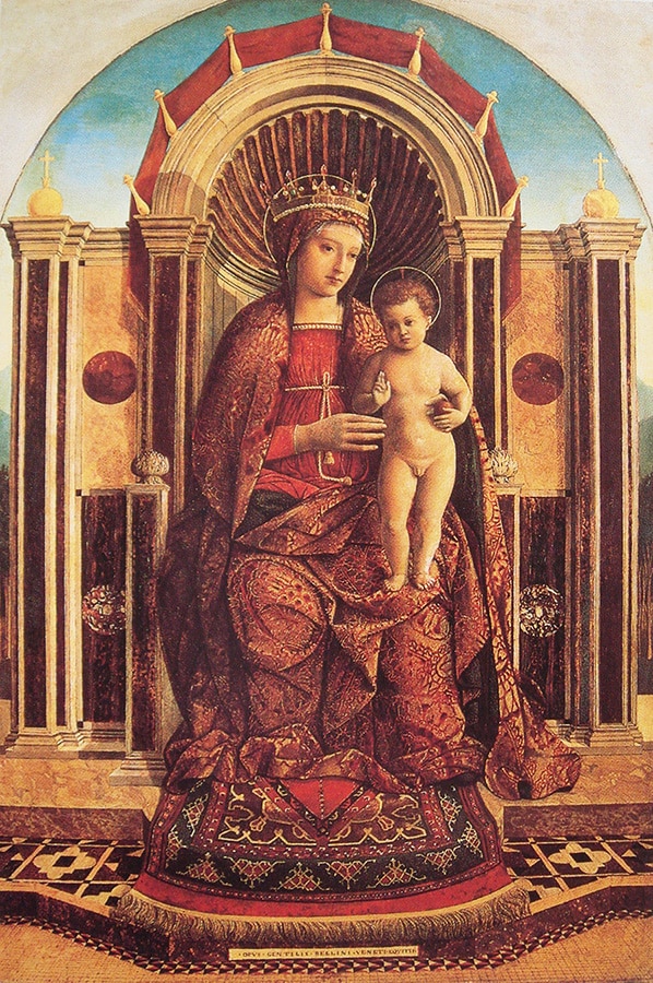 Renaissance Painting - Gentile Bellini in his Madonna and Child Enthroned Gentile Bellini in his Madonna and Child Enthroned - Nazmiyal Antique Rugs in NYC
