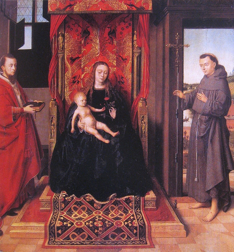 Renaissance Painting Circa 1457 Of The Virgin and Child with Saints by Petrus Christus Renaissance Painting Circa 1457 Of The Virgin and Child with Saints by Petrus Christus- Nazmiyal Antique Rugs