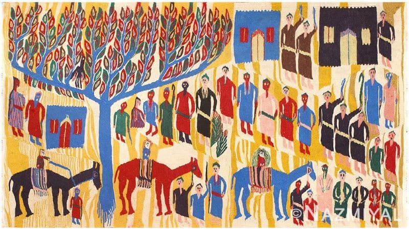 Judaic Purim Scene Tapestry Rug Vintage Judaic Purim Scene Tapestry Rug Nazmiyal