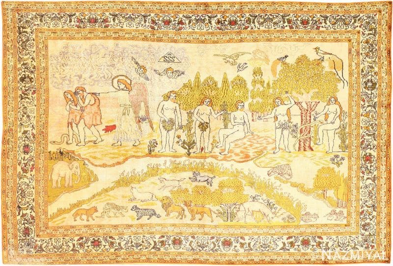 Adam and Eve Scene Turkish Pictorial Antique Silk Rug Fine Biblical Adam and Eve Scene Turkish Pictorial Antique Silk Rug Nazmiyal