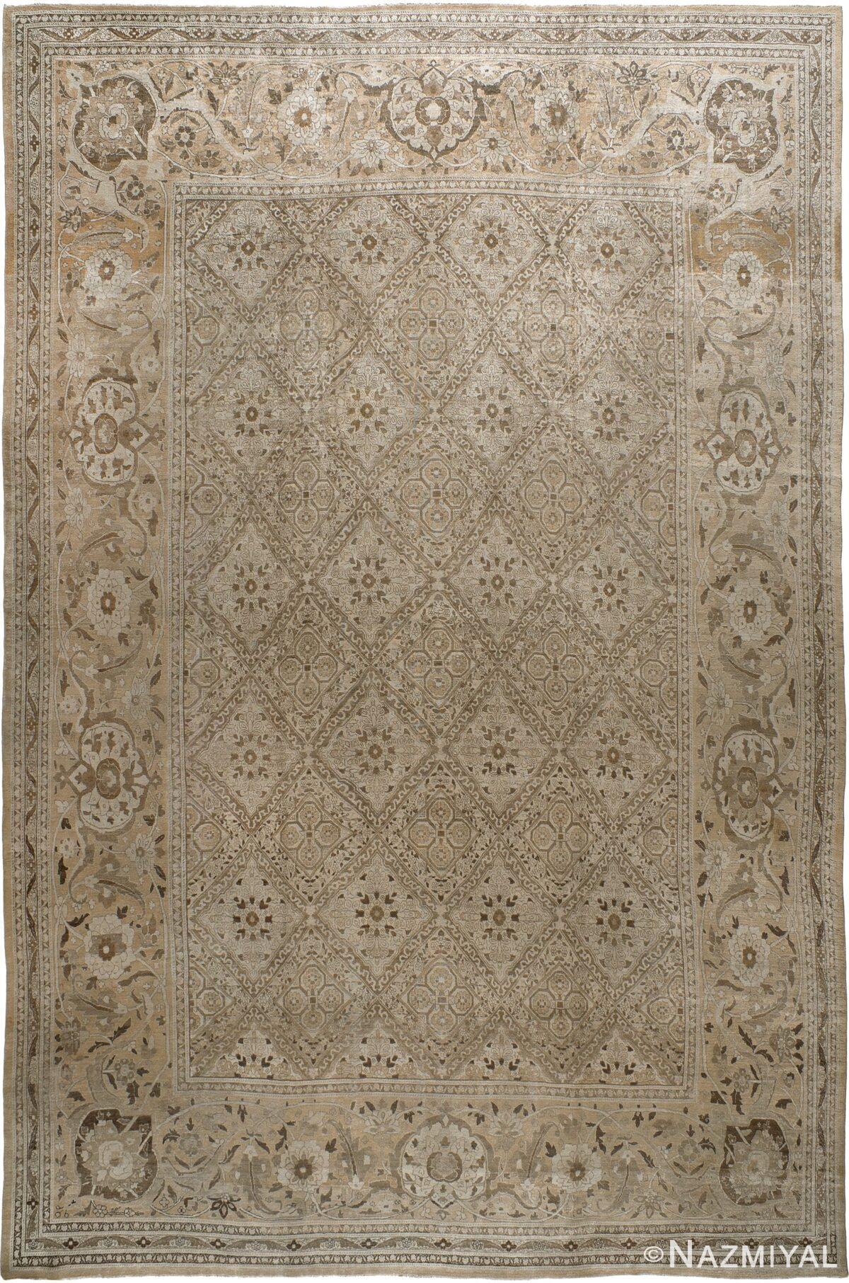 Soft Neutral Color Large Antique Persian Tabriz Rug #90031 by Nazmiyal Antique Rugs