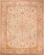 Large Cream Color Antique Medallion Turkish Oushak Rug# 49691 by Nazmiyal Antique Rugs