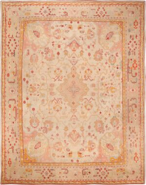 Large Cream Color Antique Medallion Turkish Oushak Rug# 49691 by Nazmiyal Antique Rugs