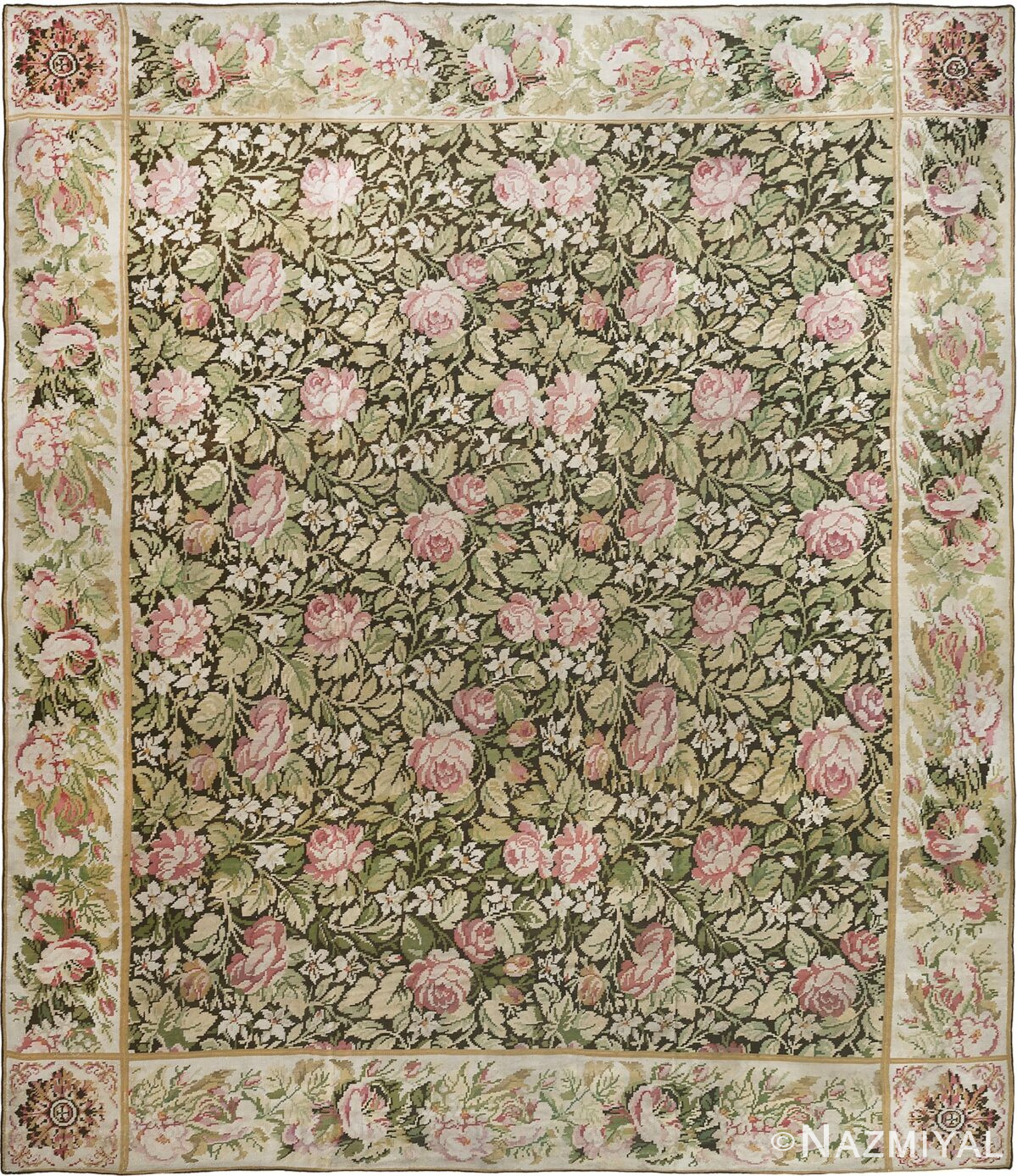 Green Antique Floral Romanian Room Size Bessarabian Kilim Rug #90053 by Nazmiyal Antique Rugs