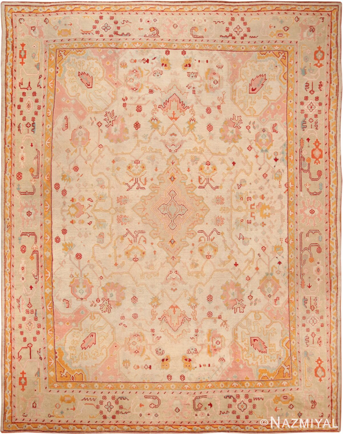 Large Cream Color Antique Medallion Turkish Oushak Rug# 49691 by Nazmiyal Antique Rugs