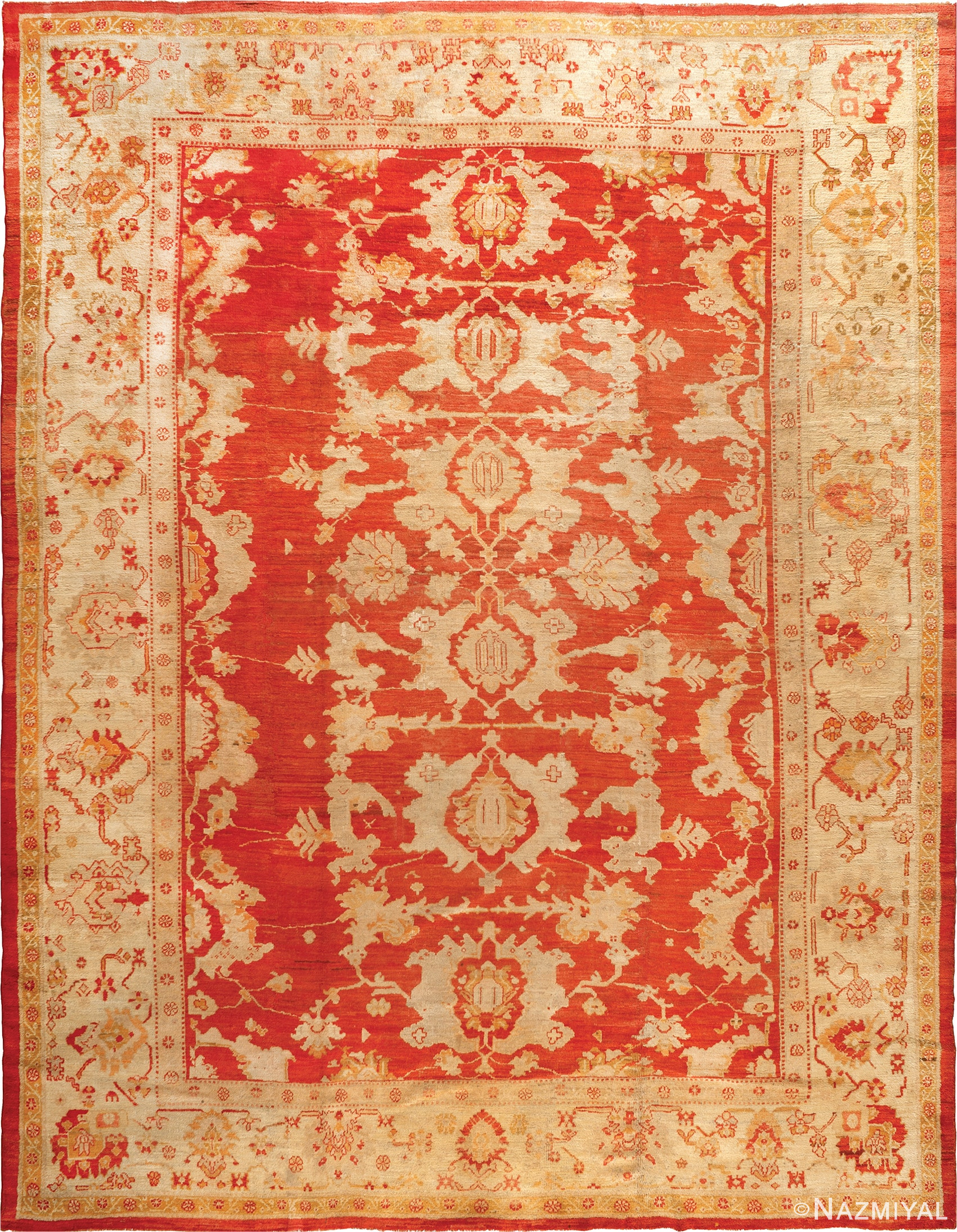 Large Red Antique Tribal Turkish Oushak Rug #90042 by Nazmiyal Antique Rugs