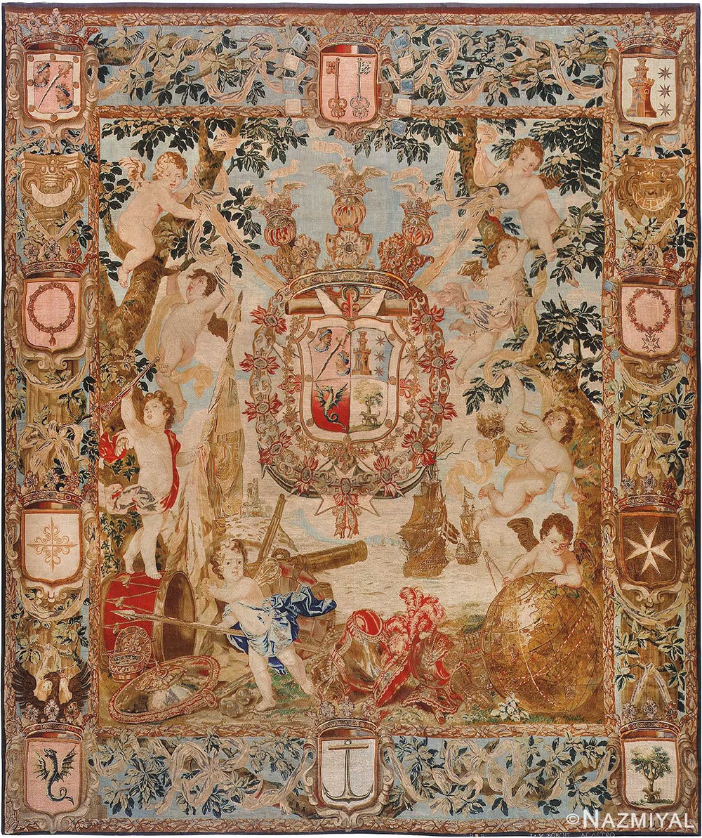 Antique Flemish Heraldic Tapestry #2399 of a Spanish Noble Admiral Antique Flemish Heraldic Tapestry #2399 of a Spanish Noble Admiral by Nazmiyal Antique Rugs