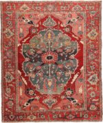 Geometric Antique Persian Green Medallion Serapi Rug #70349 by Nazmiyal Antique Rugs