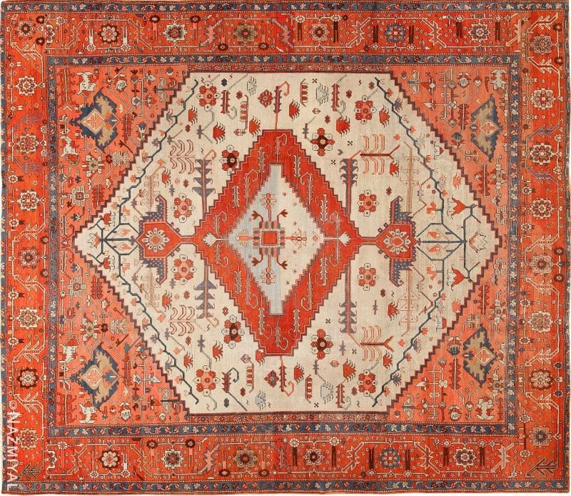 Ivory Antique Serapi Persian Rug Nazmiyal