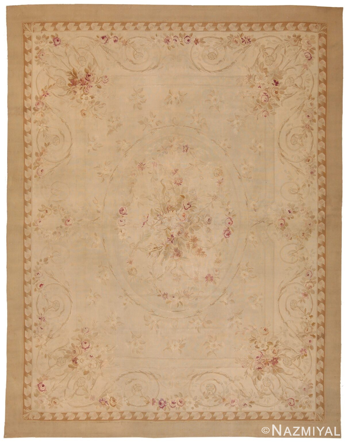 Antique Ivory French Aubusson Rug 70392 by Nazmiyal NYC