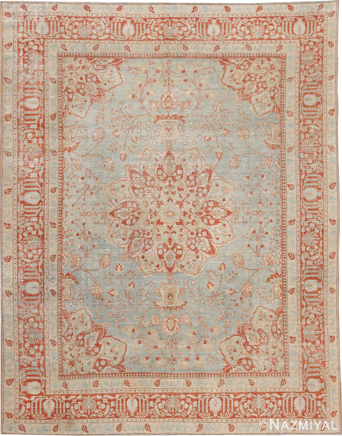 Light Blue Shabby Chic Antique Persian Tabriz Rug 70445 by Nazmiyal NYC