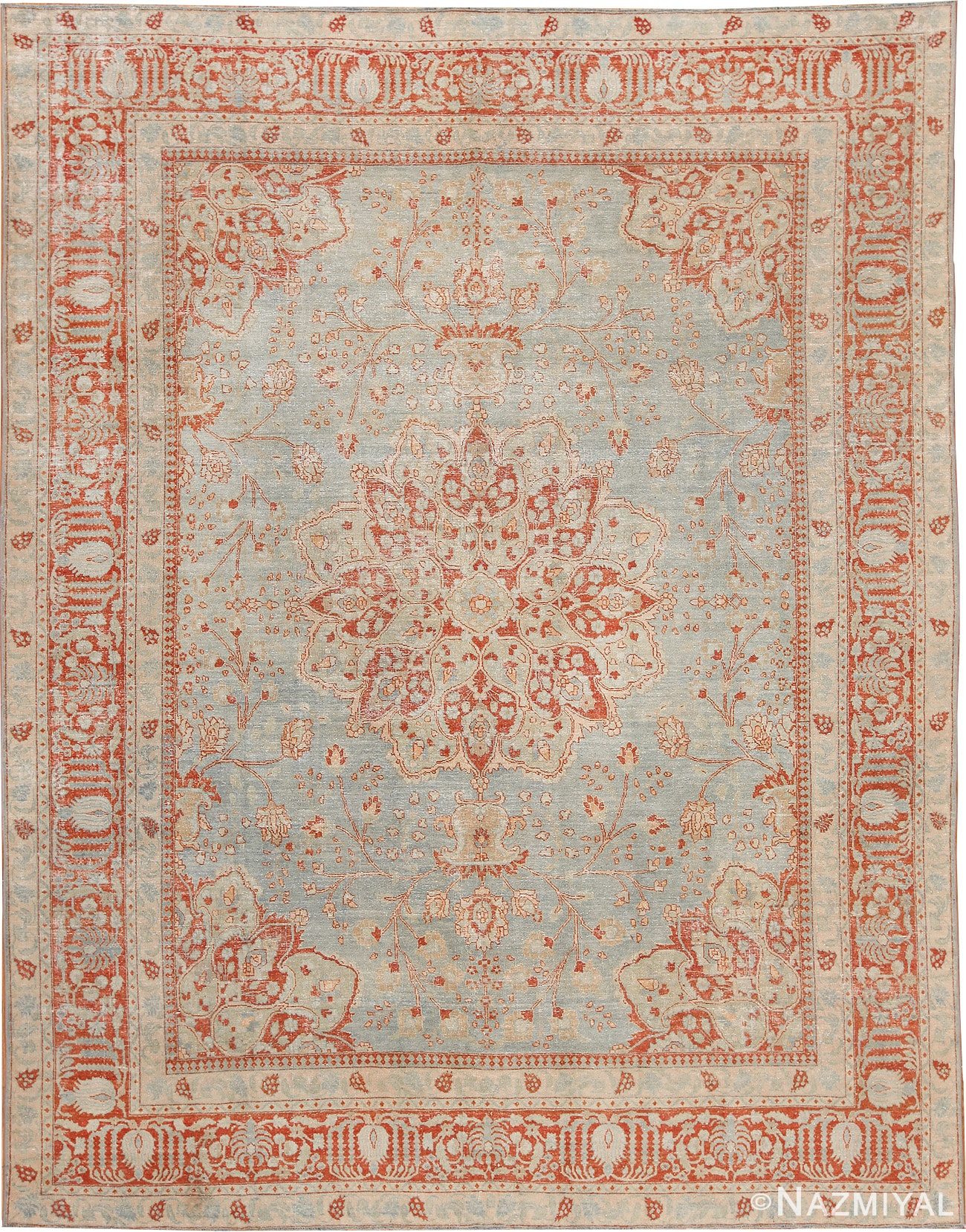Light Blue Shabby Chic Antique Persian Tabriz Rug 70445 by Nazmiyal NYC