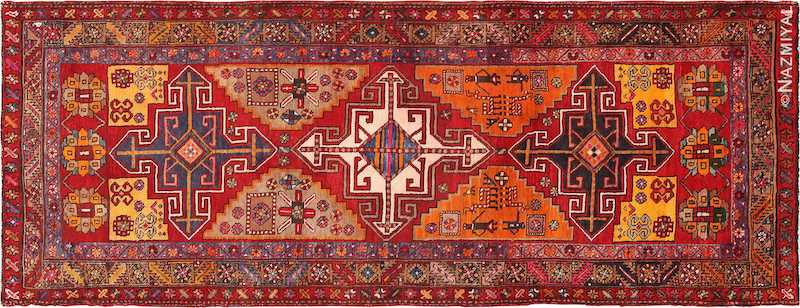 Red Geometric Vintage Persian Heriz Runner Rug Nazmiyal