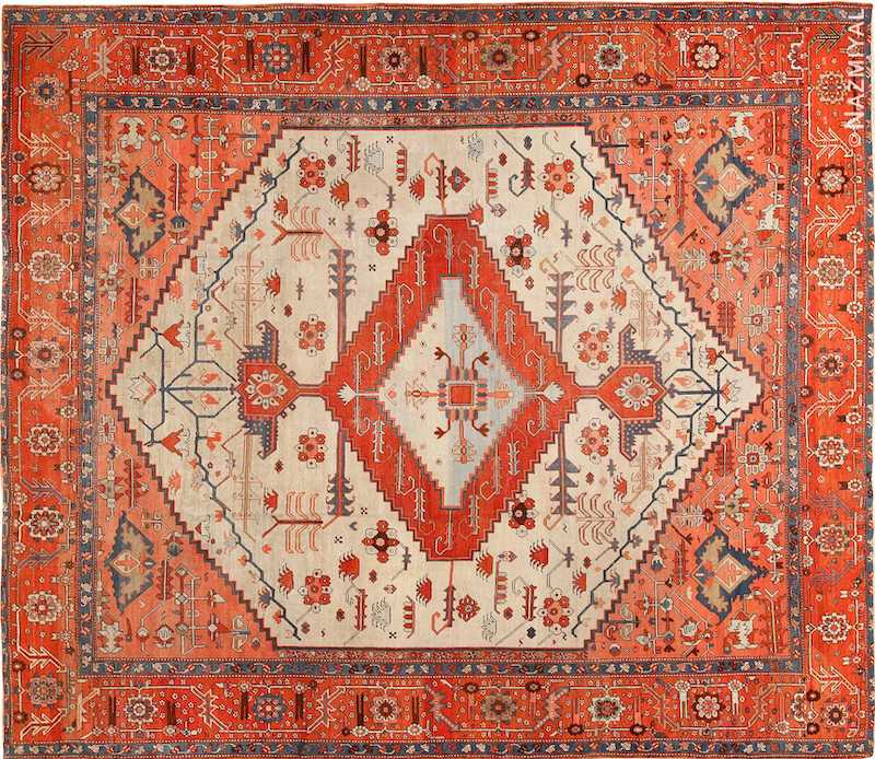 Ivory Antique Serapi Persian Rug Nazmiyal