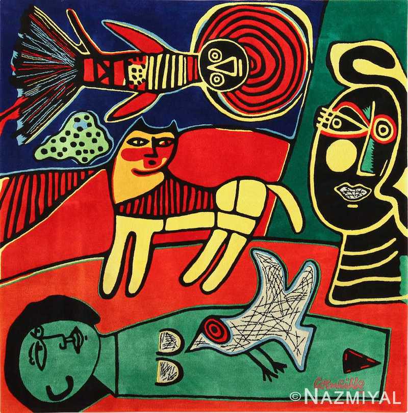 Square Vintage Scandinavian Surrealist Tapestry Rug by Corneille Square Vintage Scandinavian Surrealist Tapestry Rug by Corneille Nazmiyal