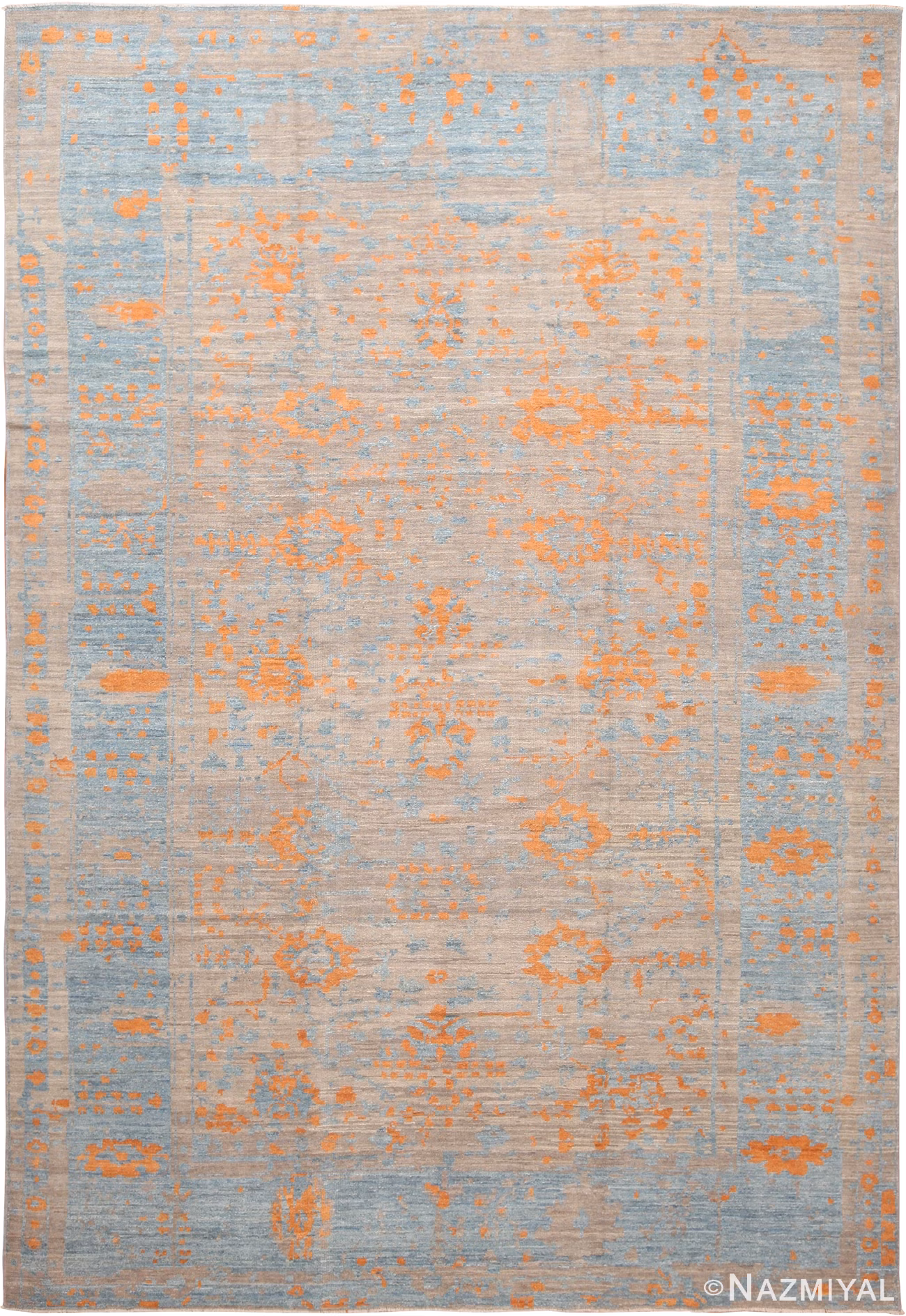 Modern Blue Floral Oushak Rug 60075 by Nazmiyal NYC