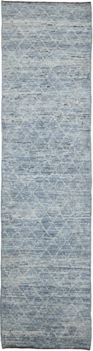 Light Blue Modern Moroccan Style Afghan Runner Rug 60146 by Nazmiyal NYC