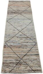 Whole View Of Geometric Beige Modern Moroccan Style Afghan Runner Rug 60152 by Nazmiyal NYC