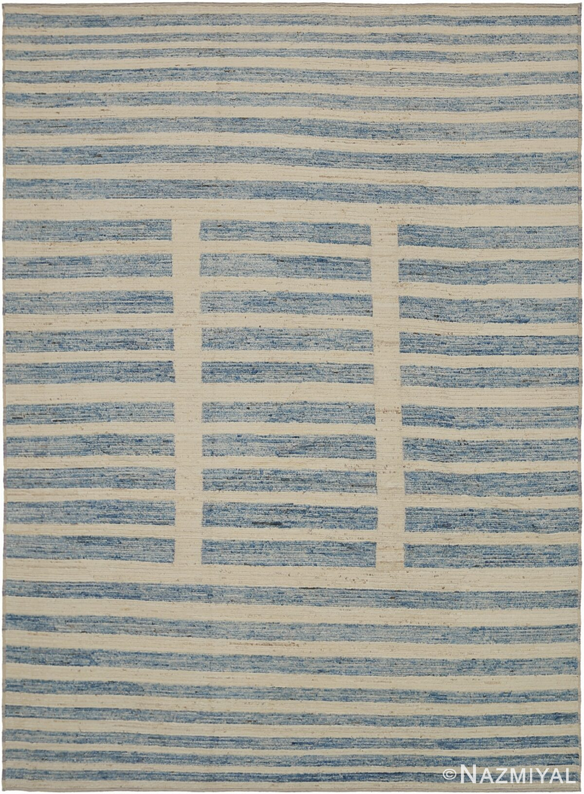 Ivory and Blue Modern Moroccan Style Rug 60339 by Nazmiyal NYC