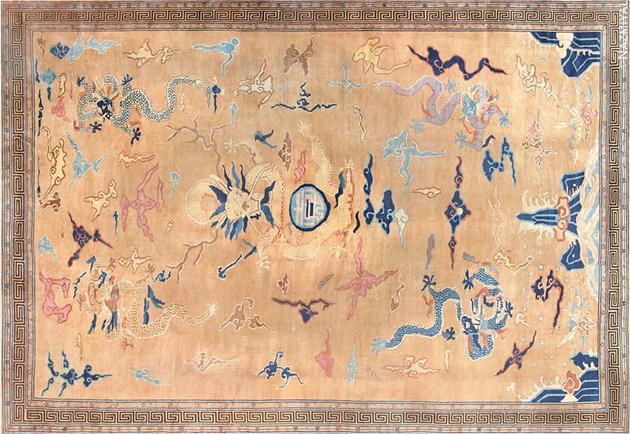 Antique Chinese Dragon Rug With Greek Key Design Border Antique Chinese Dragon Rug With Greek Key Design Border by Nazmiyal Antique Rugs