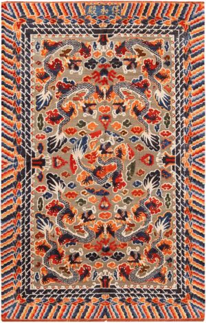 Antique Silk and Metallic Chinese Dragon Design Rug 70779 by Nazmiyal NYC