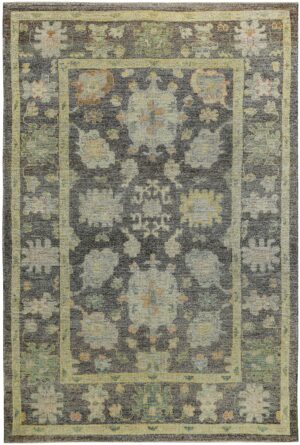 Charcoal Grey Background Modern Turkish Oushak Rug 60412 by Nazmiyal NYC