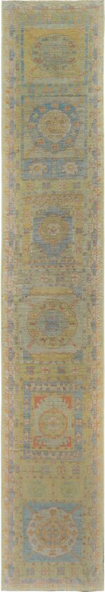 Decorative Garden Design Green Modern Turkish Oushak Runner Rug 60399 by Nazmiyal NYC