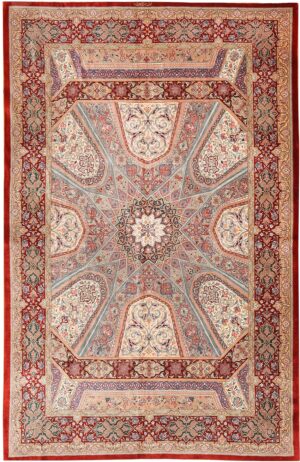 Fine Floral Geometric Vintage Persian Silk Qum Rug 70785 by Nazmiyal NYC