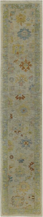 Green Floral Modern Turkish Oushak Runner Rug 60397 by Nazmiyal NYC