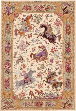 Hunting Design Vintage Persian Silk Qum Rug 70781 by Nazmiyal NYC