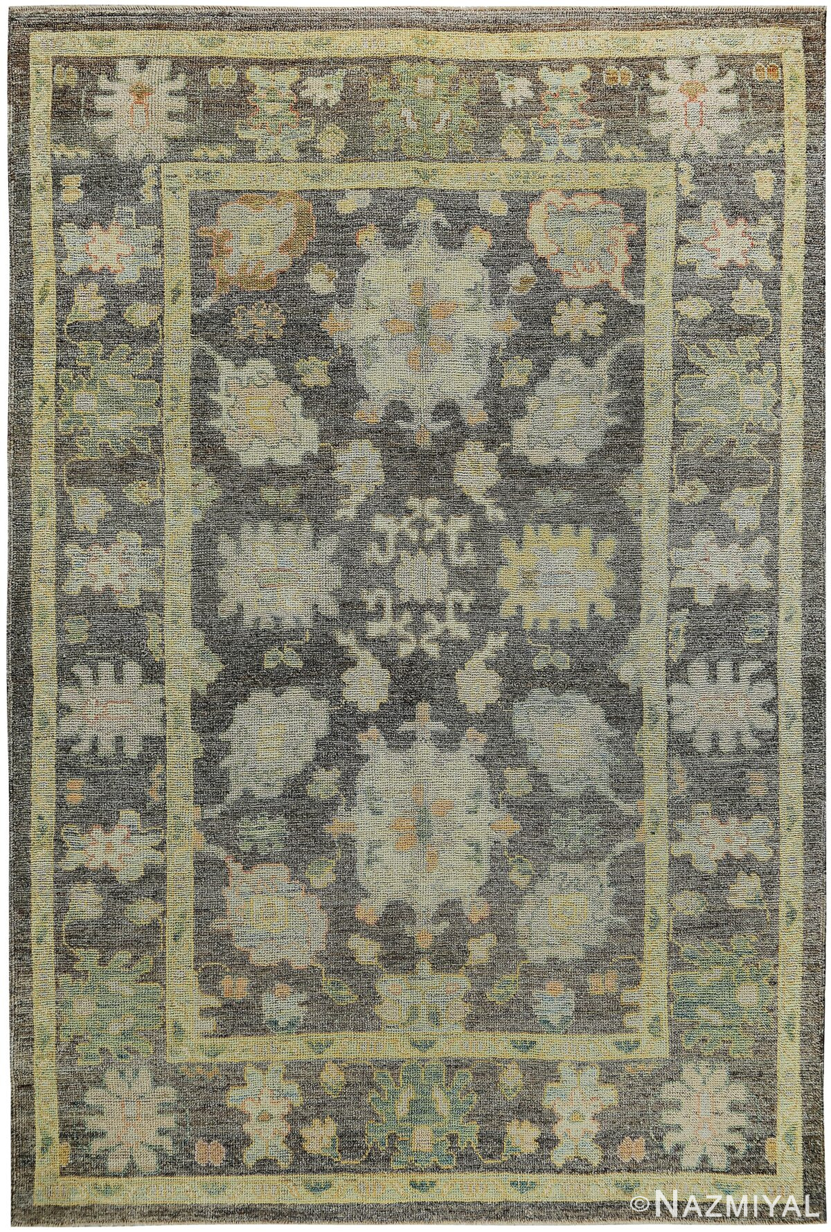 Charcoal Grey Background Modern Turkish Oushak Rug 60412 by Nazmiyal NYC