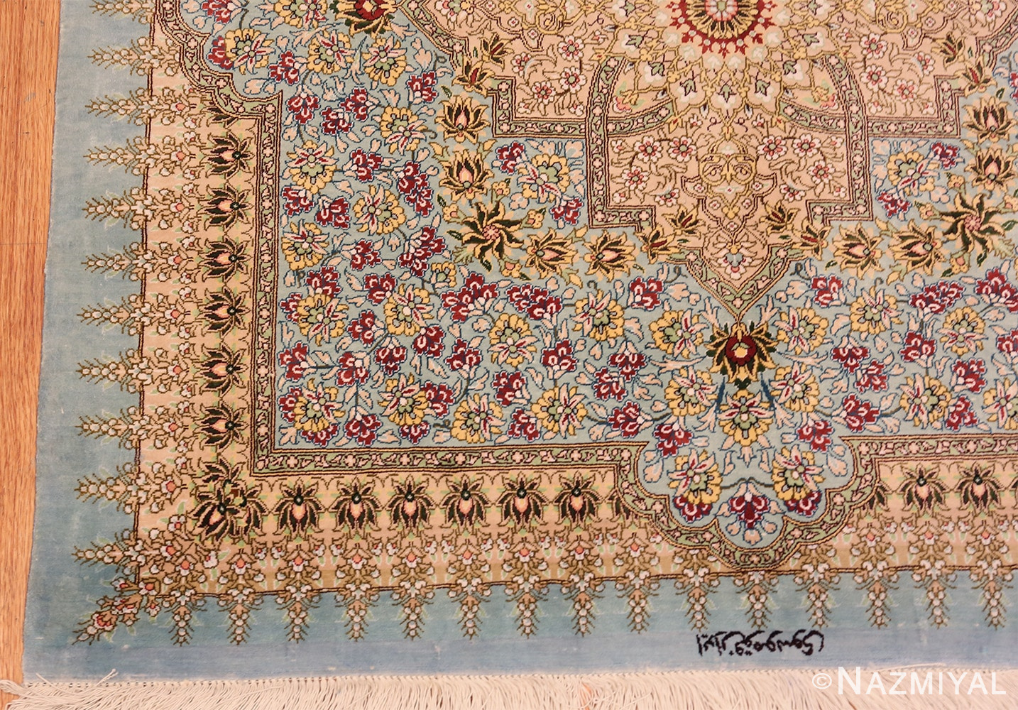 Corner Of Square Silk Vintage Persian Qum Rug 70793 by Nazmiyal NYC