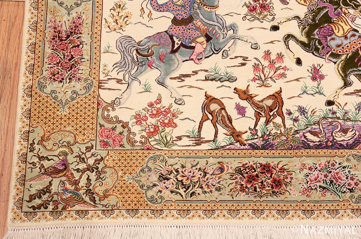 Corner Of Hunting Design Vintage Persian Silk Qum Rug 70781 by Nazmiyal NYC