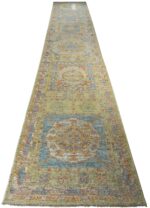 Whole View Of Gecorative Darden Design Green Modern Turkish Oushak Runner Rug 60399 by Nazmiyal NYC