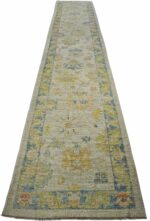 Whole View Of Green and Blue Modern Turkish Oushak Runner Rug 60402 by Nazmiyal NYC