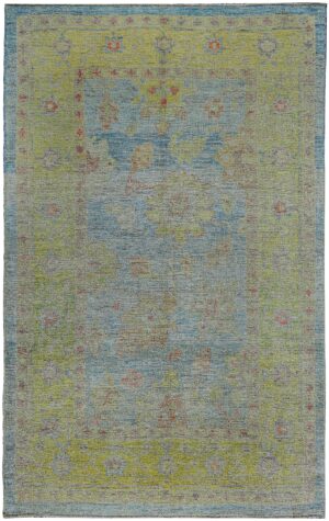 Blue Background Contemporary Modern Turkish Oushak Rug 60428 by Nazmiyal NYC