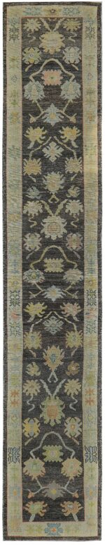 Charcoal Background Floral Turkish Oushak Runner Rug 60419 by Nazmiyal NYC