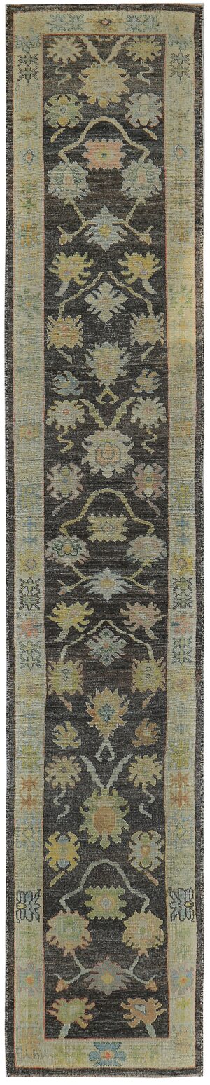 Charcoal Background Floral Turkish Oushak Runner Rug 60419 by Nazmiyal NYC