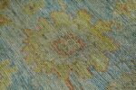 Close Up Blue Background Contemporary Modern Turkish Oushak Rug 60428 by Nazmiyal NYC